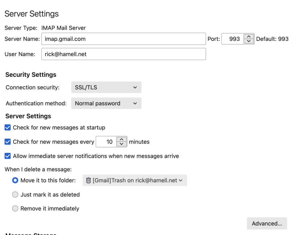 Thunderbird fixed authentication settings